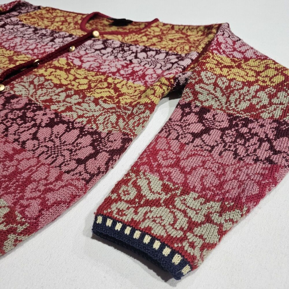 OLEANA Multicolor Floral 100% Pure New Wool Long Sleeve Cardigan Sweater Size L - Picture 4 of 14